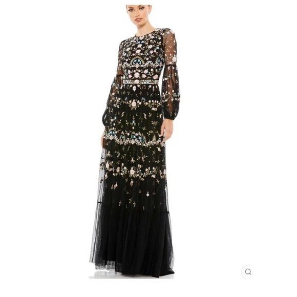 Mac Duggal 35111 Floral Embellished Embroidered Mesh Gown Bishop Sleeve Sz 2 NWT - Picture 1 of 14